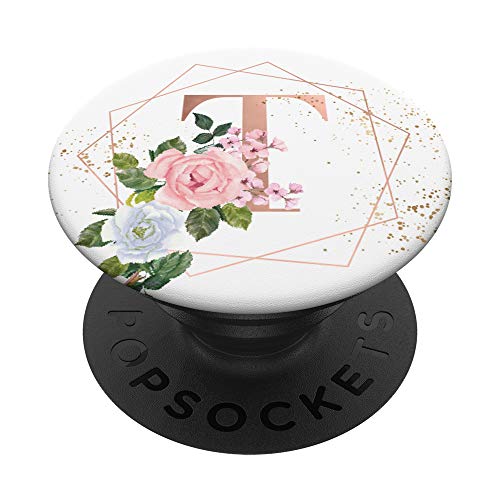 Blush Rosa Weiße Rosen Blumen Rose Buchstabe T Geschenk PopSockets PopGrip: Ausziehbarer Sockel und Griff für Handys/Tablets mit Tauschbarem Top von Nette Aquarell Blumen Personalisierte Geschenke