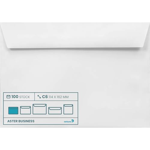 Netuno 100 weiße Briefumschläge Weiß DIN C6 114 x 162 mm 120g Aster Business Umschläge ohne Fenster haftklebend Geschäftsumschläge Premium Papier Briefkuverts Briefhüllen Weiß c6 elegante Kuverts von Netuno