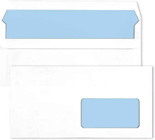 Netuno 100 weiße DIN lang Umschläge mit Fenster rechts 110x 220 mm 80g Briefumschläge weiß mit blauem Innendruck gerade Klappe selbstklebend weiße Fensterbriefumschläge DL von Netuno
