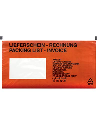 Netuno 1000 rote Lieferscheintaschen selbstklebend bedruckt DIN lang 131x 239 mm Begleitpapiertaschen DL Dokumententaschen Rechnungstaschen für Lieferscheine Begleitpapiere Dokumente Rechnungen von Netuno