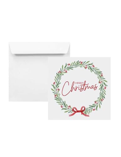 Netuno 100x Briefumschlag Weihnachten quadratisch Weihnachtkranz 155 x 155 mm weißer Umschlag mit Aufdruck für Einladungskarten Weihnachtskarten bedruckter Briefumschlag Weihnachtsmotiv von Netuno