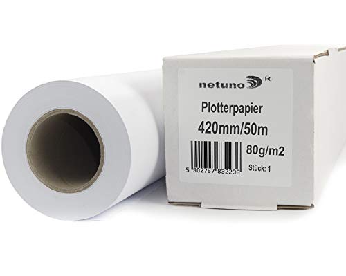 Netuno 1x Weiß Plotterrolle 420 mm x 50 m Plotterpapier 80g / m² Hülse 50 mm (2 Zoll) Qualitäts-Plotterpapier für Inkjet-Plotter Plotterpapier Universalpapier Rolle mit Plotterpapier Weiß hochwertig von Netuno