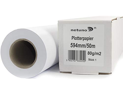 Netuno 1x Weiß Plotterrolle 594 mm x 50 m Plotterpapier 80g / m² Hülse 50 mm (2 Zoll) Qualitäts-Plotterpapier für Inkjet-Plotter Plotterpapier Rolle Universalpapier Rolle mit Plotterpapier von Netuno