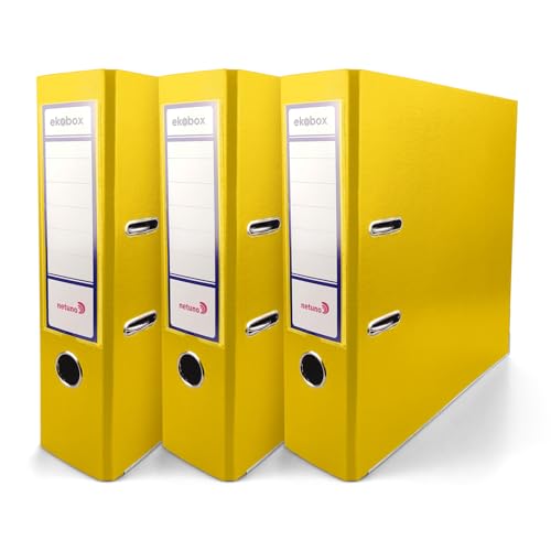 Netuno 3x Akten-Ordner Gelb DIN A4 Ekobox 2-Ring-Mechanik Ringorder a4 8cm Kunststoff Ordner a4 breit Büroordner Plastikordner Briefordner a4 Ringmappe breiter Aktenordner PP-Ordner farbig von Netuno