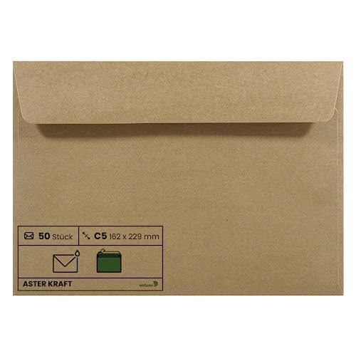 Netuno 50 Briefumschläge Kraftpapier DIN C5 162 x 229 mm 100g Aster Kraft große Umschläge C5 haftklebend für Einladungs-Karten elegante Umschläge Recycling Briefhüllen Natur Papier Briefkuverts Braun von Netuno