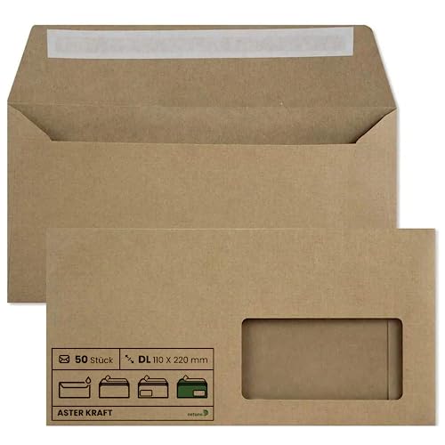 Netuno 50 Kraftpapier Briefumschläge DIN lang 110 x 220 mm 100g Aster Kraft lange Umschläge DL mit Fenster rechts Briefkuverts Recycling Papier lange Briefhüllen Braun Umschläge Öko mit Sichtfenster von Netuno