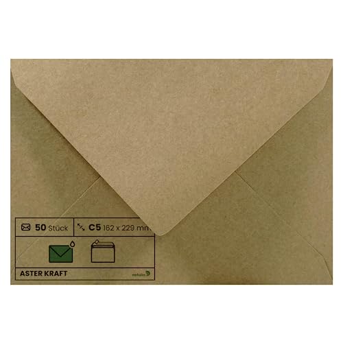 Netuno 50 Umschläge Kraftpapier DIN C5 162 x 229 mm 100g Aster Kraft edle Brief-Umschläge Spitz C5 Braun Ökopapier Einladungsumschläge Vintage Retro Natur Briefkuverts groß elegant Recyclingpapier von Netuno