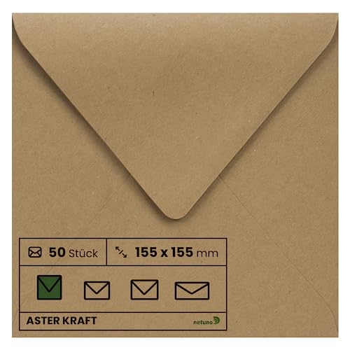 Netuno 50 quadratische Umschläge Kraftpapier 155 x 155 mm 100g Aster Kraft schöne Briefumschläge Vintage quadratisch Einladungs-Umschläge Hochzeit Weihnachten Geburtstag Taufe Brief-Kuvert Ökopapier von Netuno