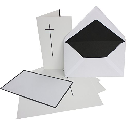 100x Trauerkarten-Set mit Kreuz ca. B6 11,4 x 19,5 cm & Trauer-Umschlägen mit handgeränderten schwarzem Rand & schwarzem Futter, Faltkarten Trauer-Anzeigen von Neuser