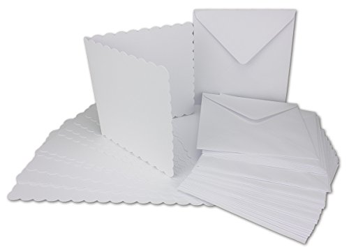 25x Quadratisches Falt-Karten-Set mit Wellen-Schnitt-Rand & Brief-Umschlägen I Farbe: Weiss I 14,5 x 14,5 cm I Papier-Bastel-Set inklusive hochwertiger Box I GUSTAV NEUSER® von Neuser
