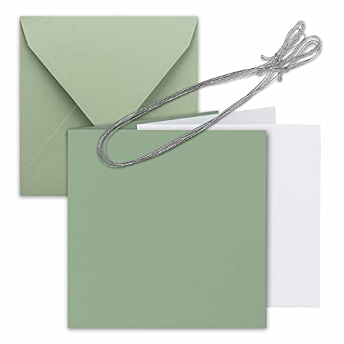 25x Quadratisches Faltkarten Set 15 x 15 cm - mit Briefumschlägen & Einlegeblätter & Schmuckband - Eukalyptus - für Einladungskarten, Hochzeit, Weihnachten - von Gustav NEUSER von Neuser