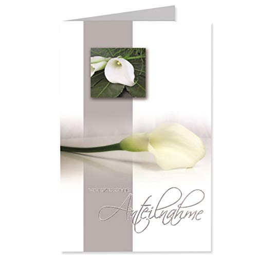 Neuser 15 Trauerkarte Weiße Calla mit Text - Herzliche Anteilnahme - in Silberfolie - 9,5 x 16 cm - Weiss - mit passenden Umschlägen - Gustav von Neuser