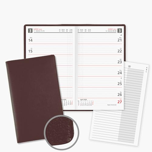 Lederkalender Taschenkalender 2025 aus Leder in Bordeaux als Wochenübersicht Sonn- und Feiertage in Rot mit 8-seitigen Adressheft von Neuwieder Kalender Verlag GmbH