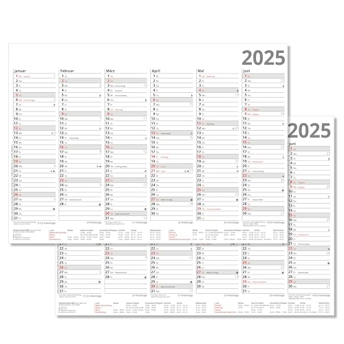 Tafelkalender 2025 Halbjahreskalender 6 Monate auf Vor- und Rückseite DIN A4 Format 21 x 29,7 cm stabile Ausführung Sonn- und Feiertage in Rot von Neuwieder Kalender Verlag Gmbh