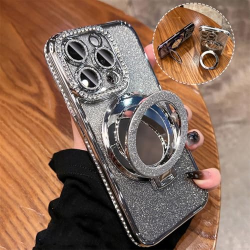 NevStp Überzogene Glitzer-Diamant-Schminkspiegelhalterung, Handyhülle für iPhone 15 Pro Max 12 13 Pro 14 11, weiche Blingbling-Hülle, Silber, für iPhone 14 von NevStp