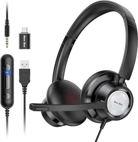 New bee Headset mit Mikrofon, PC Headset, Verstellbares Mikrofon mit Rauschunterdrückung, Headset USB Typ-C 3.5mm, Kopfhörer für Business/Telefonkonferenzen/Skype-Chat/Online-Kurse (schwarz) von New bee