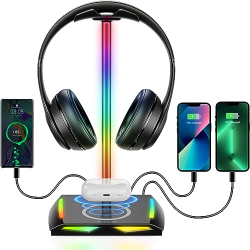 New bee RGB Kopfhörer Ständer mit Wireless Ladegerät,Gaming-Headset-ständer Headset Halterung Wireless Charge Kopfhörer Halter mit 1*USB 2*Typ-C 11 Lighting Effects Modes Schwarz (Z12) von New bee