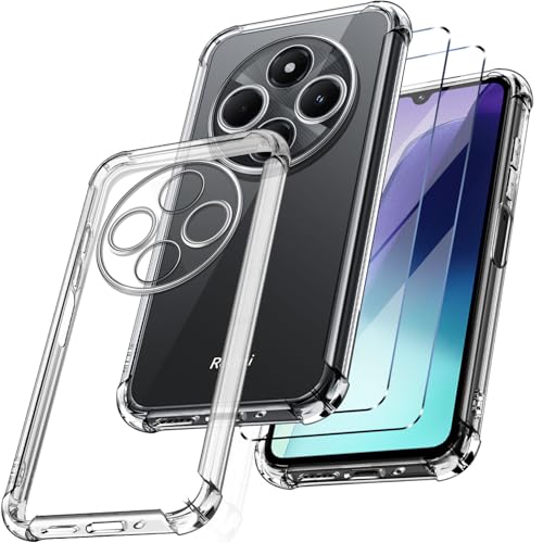 New&Teck Handyhülle Hülle für Xiaomi Redmi 14C / Redmi A4 5G + 2 Hartglas, transparent, weiches TPU-Silikon, Bumper mit verstärkten Ecken (transparent) von New&Teck