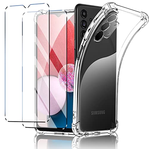 New&Teck Handyhülle hülle für Samsung Galaxy A13 4G + 2 Hartglas, Schutzhülle aus transparentem Silikon, TPU, Bumper mit verstärkten Ecken, klarer Schutz. von New&Teck