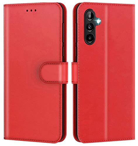New&Teck Handyhülle hülle für Samsung Galaxy A14 4G/5G, Leder, multifunktional, Magnetverschluss, stoßfest (Rot, A14) von New&Teck