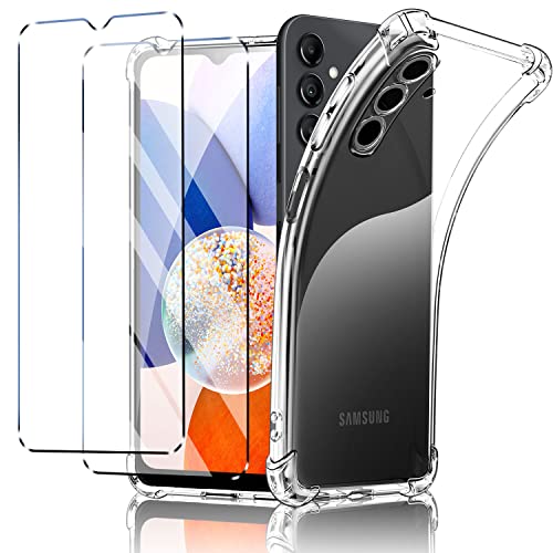 New&Teck Handyhülle hülle für Samsung Galaxy A14 4G/5G + 2 Hartglas, Schutzhülle aus weichem TPU-Silikon, Bumper mit verstärkten Ecken, klarer Schutz von New&Teck