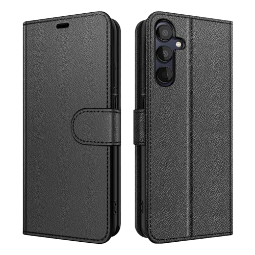 New&Teck Handyhülle hülle für Samsung Galaxy A15 4G/5G, Leder, multifunktional, Magnetverschluss, stoßfest Schwarz (a15) von New&Teck