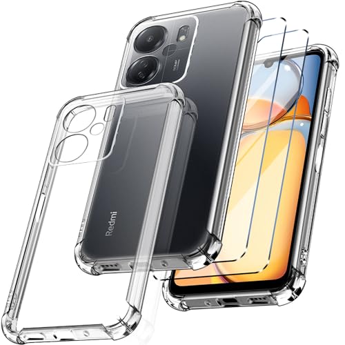 New&Teck Handyhülle hülle für Xiaomi Redmi 13C / Redmi 13 C/Xiaomi Poco C65 Hülle + 2 Hartglas-Displayschutz, Schutzhülle aus transparentem TPU-Silikon, Bumper mit verstärkten Ecken (transparent) von New&Teck