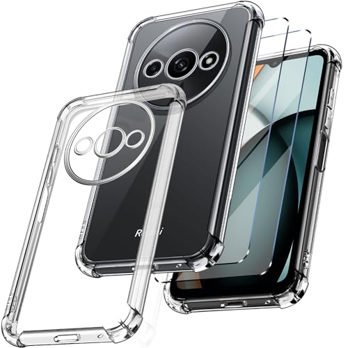 New&Teck Schutzhülle für Xiaomi Redmi A3 + 2 Displayschutzfolien aus gehärtetem Glas, weiche Schutzhülle aus TPU-Silikon, Bumper mit verstärkten Ecken, klarer Schutz (transparent) von New&Teck