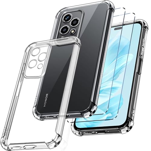 New&Teck Schutzhülle für Honor 200 Lite 5G + 2 Displayschutzfolien aus gehärtetem Glas, weiche Schutzhülle aus TPU-Silikon, Bumper mit verstärkten Ecken, klarer Schutz (transparent) von New&Teck