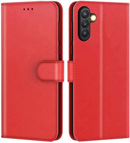 New&Teck Schutzhülle für Samsung Galaxy A13 5G / A04S (nicht für A13 4G), Schutzhülle aus Leder, multifunktional, Magnetverschluss, stoßfest, Rot von New&Teck
