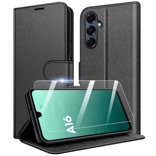 New&Teck Schutzhülle für Samsung Galaxy A16 4G/5G, [Magnetverschluss, Klappetui, aus Leder] [Multifunktional] + 1 x [Hartglas] (Schwarz, A16) von New&Teck
