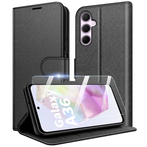New&Teck Schutzhülle für Samsung Galaxy A36 5G, [Magnetverschluss, Klappetui, aus Leder] [Multifunktional] + 1 x [Hartglas] (Schwarz) von New&Teck