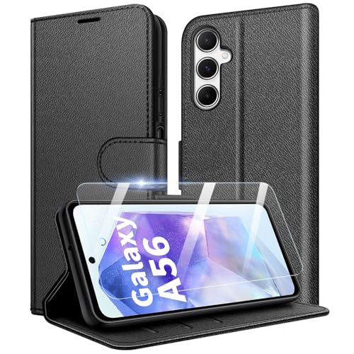 New&Teck Schutzhülle für Samsung Galaxy A56 5G, [Magnetverschluss, Klappetui, aus Leder] [Multifunktional] + 1 x [Hartglas] (Schwarz) von New&Teck