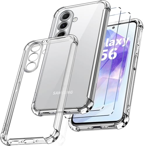 New&Teck Hülle für Samsung Galaxy A54 5G + 2 Hartglas-Displayschutz, Schutzhülle aus weichem TPU-Silikon, Bumper mit verstärkten Ecken, klarer Schutz (Durchsichtig, Samsung Galaxy A56) von New&Teck