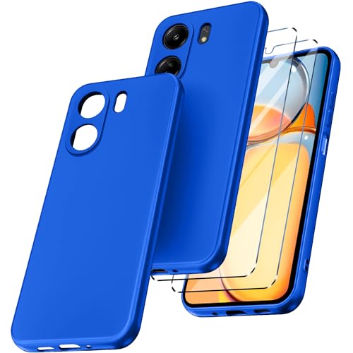 New&Teck Schutzhülle für Xiaomi Redmi 13C+2 Displayschutz aus gehärtetem Glas, durchsichtiges Silikon-TPU-Softcase, Stoßfänger mit verstärkten Ecken (Blau) von New&Teck