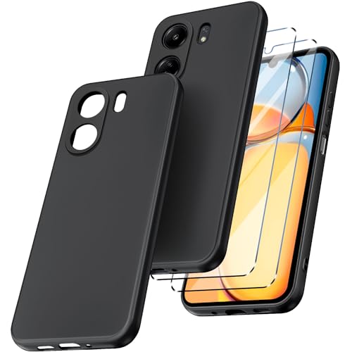 New&Teck Schutzhülle für Xiaomi Redmi 13C+2 Displayschutz aus gehärtetem Glas, durchsichtiges Silikon-TPU-Softcase, Stoßfänger mit verstärkten Ecken (Schwarz) von New&Teck