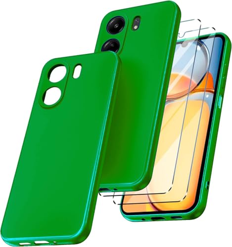 New&Teck Schutzhülle für Xiaomi Redmi 13C + 2 Hartglas, transparent, weiches TPU-Silikon, Bumper mit verstärkten Ecken (Grün) von New&Teck