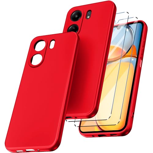 New&Teck Schutzhülle für Xiaomi Redmi 13C+2 Displayschutz aus gehärtetem Glas, durchsichtiges Silikon-TPU-Softcase, Stoßfänger mit verstärkten Ecken (Rot) von New&Teck