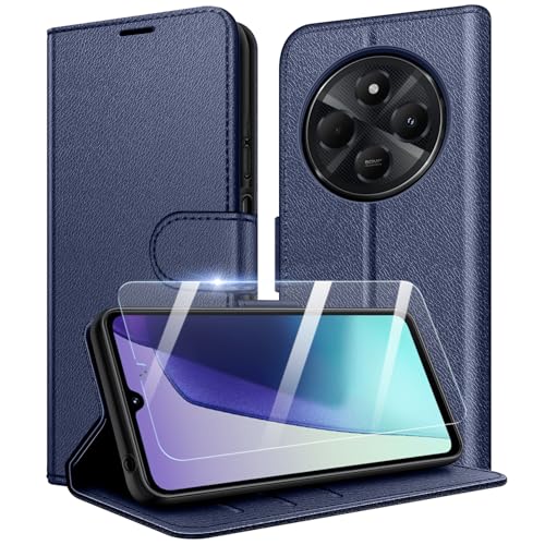 New&Teck handyhülle hülle für Xiaomi Redmi 14C / Redmi A4, [Magnetverschluss, Klappetui, aus Leder] [Multifunktional] + 1 x [Hartglas] (Blau) von New&Teck