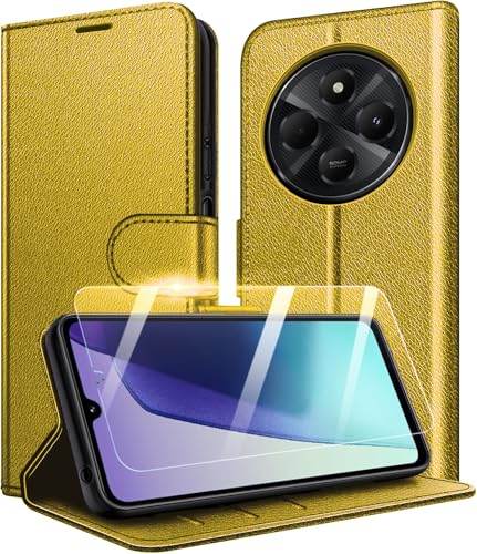 New&Teck handyhülle hülle für Xiaomi Redmi 14C / Redmi A4, [Magnetverschluss, Klappetui, aus Leder] [Multifunktional] + 1 x [Hartglas] (Gold) von New&Teck