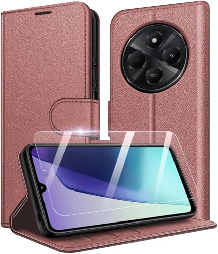 New&Teck handyhülle hülle für Xiaomi Redmi 14C / Redmi A4, [Magnetverschluss, Klappetui, aus Leder] [Multifunktional] + 1 x [Hartglas] (Rosa) von New&Teck