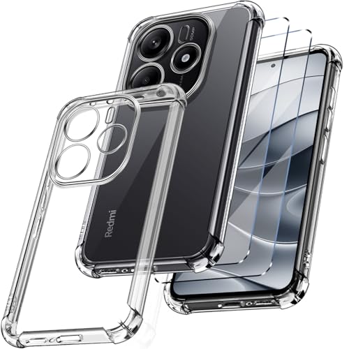New&Teck Schutzhülle für Xiaomi Redmi Note 14 5G (nicht für Note 14 4G) + 2 Hartglas-Displayschutzfolien, Schutzhülle aus transparentem TPU-Silikon, Bumper mit verstärkten Ecken von New&Teck