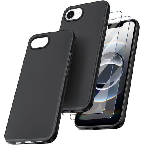 New&Teck Schutzhülle für iPhone 16e 2025 + 2 Schutzgläser, aus Flüssigsilikon, weich, TPU, Bumper (Schwarz, iPhone 16e) von New&Teck