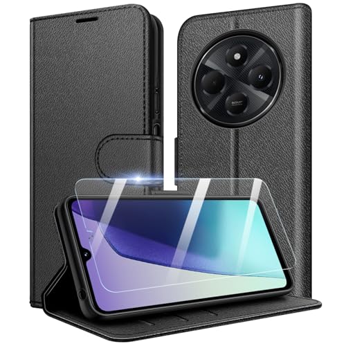 New&Teck handyhülle hülle für Xiaomi Redmi 14C / Redmi A4, [Magnetverschluss, Klappetui, aus Leder] [Multifunktional] + 1 x [Hartglas] (Schwarz) von New&Teck
