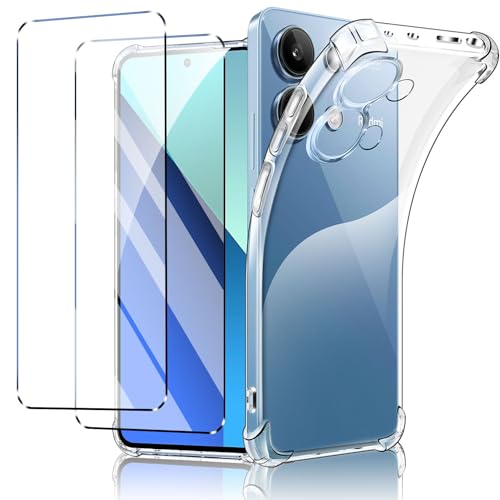 New&Teck hülle für Xiaomi Redmi Note 13 4G (Nicht für Note 13 5G) + 2 Displayschutzfolien aus transparentem TPU-Silikon, Bumper mit verstärkten Ecken von New&Teck