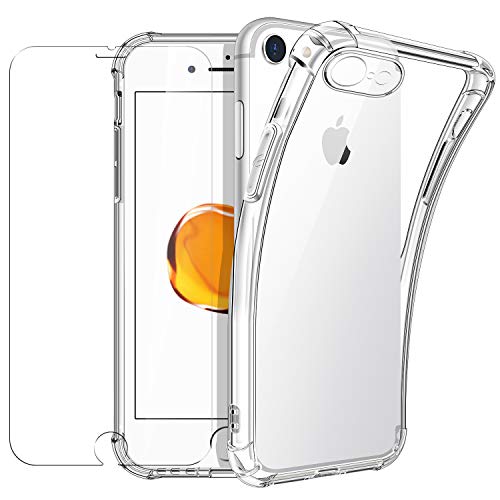 New&Teck hülle für iPhone 8/7 Und hülle für iPhone SE 2022/2020 + Hartglas-Displayschutzfolie, Durchsichtig Case Transparent Silikon Schutzhülle Premium 9H Gehärtetes Glas von New&Teck