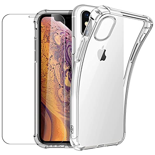 New&Teck hülle für iPhone X/XS + Hartglas-Displayschutzfolie, Durchsichtig Case Transparent Silikon TPU Schutzhülle Premium 9H Gehärtetes Glas für iPhone X/XS von New&Teck