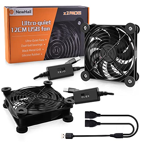 NewHail 2 Stück leiser 120 mm USB-Lüfter, Dual-Kugellager, USB-Ventilator, 5 V, mit L/M/H 3-Grad-Geschwindigkeitsregler, hoher Luftstrom, Kühlventilator für Router, Modem, Empfänger, DVR, Playstation, von NewHail