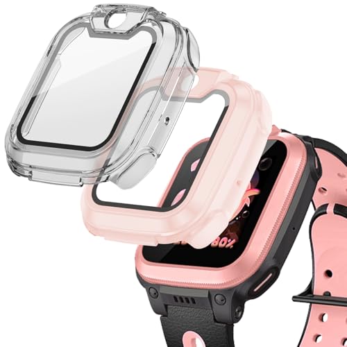 NewJourney 2 Stück Schutzhülle mit Panzerglas für Imoo Watch Phone Z1, Hartplastik-Hülle + Gehärtete Schutzfolie 2 in 1 für Z1 SmartWatch（Rosa/Transparent） von NewJourney