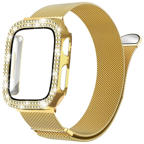 NewJourney Milanese Armband Kompatibel mit Apple Watch 40mm 41mm 42mm 44mm 45mm 46mm mit Hülle Frauen，Ersatz Metall Armband mit Bling PC Schutzhülle für iWatch SE Series 10/9/8/7/6/5/4(Gold, 45mm) von NewJourney